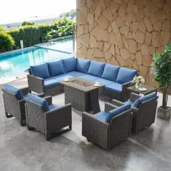 SUGOLD 8 Piece Patio Furniture with Fire Pit,PE Wicker Outdoor Conversation Sets-6-Seater Sofa,Patio Swivel Chairs Outdoor Chairs, Propane Fire