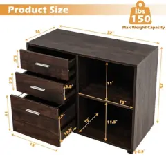 Costway 3-Drawer Wood File Cabinet Mobile Lateral Printer Stand with Open Storage Shelves