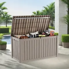NAYSAYE Deck Box, 150 Gal Outdoor Storage Deck Box, Small Patio Storage Bin for Garden Tools, Brown, 54.25"*26.5"*28.74"