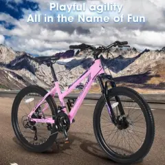 NAYSAYE Bicycle 24 Inch Mountain Bike with 21 Speed Shifter Dual Disc Brakes for Teenagers and Women, Pink, 66"*24.8"*35"