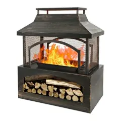 WELLFOR 37" Rectangular Metal Outdoor Fireplace with Built-in Log Storage Bronze