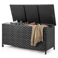 WELLFOR 85gal Outdoor Wicker Storage Box with Removable Liner and 2 Wheels Black