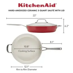 KitchenAid 5qt Hard Anodized Ceramic Nonstick Saute Pan with Lid Empire Red: Hand Wash, Gas & Electric Compatible