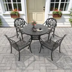 5-Piece Cast Aluminum Outdoor Dining Set: Round Table, Stackable Chairs & Brown Cushions - All-Weather Patio Furniture for Your Backyard