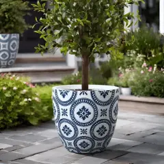 LuxenHome Round Tapered Planter &ndash; Blue and White Floral MgO Pot with Drainage Hole
