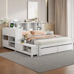 3-Pieces Bedroom Sets, Full Size Wooden Platform Bed With Multi-Functional Storage Space, Nightstand With 2 Drawers And USB Ports-Cuddlewood