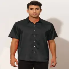 Lars Amadeus Men's Summer Short Sleeve Point Collar Button Down Satin Shirts