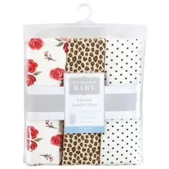 Hudson Baby Infant Girl Quilted Cotton Swaddle Wrap 3pk, Rose Leopard, 0-3 Months