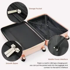 Gulches Luggage Sets 4 Piece, 20" with USB Port, ABS Durable Suitcase with Travel Bag,  Cup Holder, ABS Hard Shell Luggage with Spinner Wheels, pink