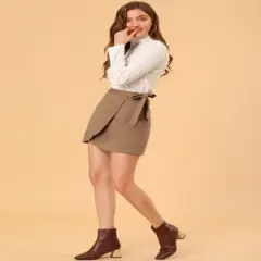 Allegra K Women's Faux Suede Tie Waisted A-Line Wrap Mini Short Skirt