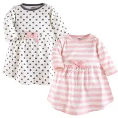 Touched by Nature Baby and Toddler Girl Organic Cotton Long-Sleeve Dresses 2pk, Pink Gray Scribble