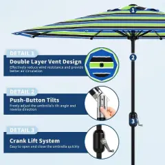 9ft Patio Umbrella, Outdoor Table, UV, Fade, Water Resistant, Crank Lift, Tilt, 8 Ribs, Metal Frame, Tricolor Stripe