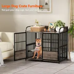 Boersma Dog Crate Furniture, Large Dog Kennel Indoor with 2 Adjustable Bowls, Heavy Duty XL Dog Crate for Large Dogs, Wooden Dog Cage