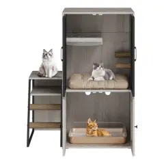 Double Cat Litter Box Fence with Ladder, Double Cat House with Storage Space, Enclosed Litter Box Furniture, Gray