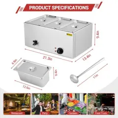3-Pan 21QT Commercial Food Warmer, 7 QT/Pan Stainless Steel Bain Marie Steam Table Countertop Soup Station with Temper Control Drainage Faucet & Lid