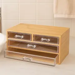 Bamboo Jewelry Organizer with 4 Clear Acrylic Drawers, Compact Multi Purpose Storage Box for Makeup, Office Supplies & Vanity Use, Smooth Glide Drawer