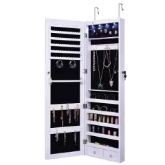 Tangkula Door Mounted Mirrored Jewelry Cabinet Dressing Storage Box with LED lights White