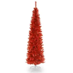 National Tree Company 6' Unlit Red Pencil Slim Tinsel Artificial Christmas Tree 520 Tips