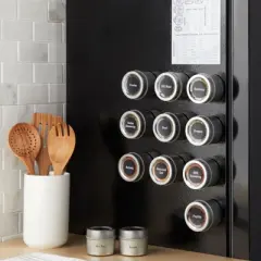 Talented Kitchen 12 Magnetic Spice Jars with 3 Metal Bases for Refrigerator, 269 Preprinted Seasoning Labels Stickers, 2 Styles, for 3 oz Containers