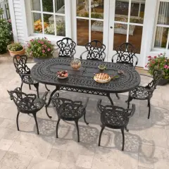 (9-PC)Premium Black Cast Aluminum Patio Set - Weather-Resistant Outdoor Table & Chairs with Beige Cushions, Umbrella Hole Included
