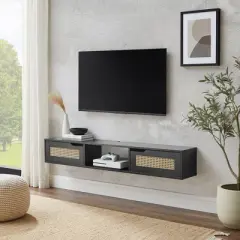 Modern Boho Floating TV Stand for TVs up to 65" with Rattan Doors - Saracina Home
