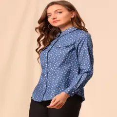 Allegra K Women's Point Collar Chest Pockets Button Down Dots Shirt