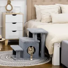 PawHut Pet Stairs, Adjustable Height 3 Step/4 Step Cat Steps with Cat Scratching Post, Cat Condo, Toy Ball, for High Bed, Sofa, Couch, Gray