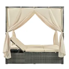 Erin PE Rattan Patio Daybed with Curtains, Metal Frame Outdoor Furniture with Adjustable Seat, Tanning Near Me - Maison Boucle