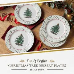 Portmeirion Christmas Tree Polka Dot Dessert Plate (Set of 4) - Festive 8" Stoneware Plates - Microwave, Dishwasher, Freezer Safe Party Dishes