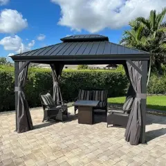PURPLE LEAF Outdoor Gazebo Aluminum Frame Galvanized Steel Double Roof Patio Hardtop Gazebo with Curtains and Netting for Patio Lawn and Garden