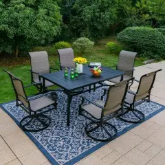 7pc Outdoor Dining Set with with Padded Sling Chairs & Metal Rectangle Table with Umbrella Hole - Captiva Designs