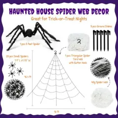 Wrapables 16ft Giant Triangular Spider Web Kit with Cobwebs and 5ft Large Spider + 20 Small Spiders, Indoor Outdoor Haunted House Halloween Decor