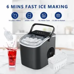 Simzlife Ice Maker Countertop, 26 Lbs/24H, Bullet Ice, 9 Pcs/6 Min, Portable Machine with Handle, Auto-Cleaning, Ultra Quiet, Smart Operation, Black