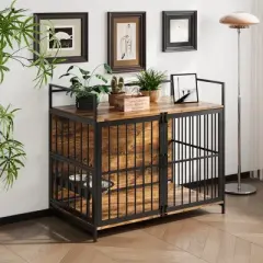 Furniture Style Large Dog Crate with 360&deg; & Adjustable Raised Feeder for Dogs 2 Stainless Steel Bowls -End Table House Pad