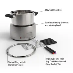 Stainless Steel Fondue Pot Set- Melting Pot Cooker and Warmer for Cheese, Chocolate and More- Kit Includes 8 Forks By Hastings Home -Dishwasher Safe