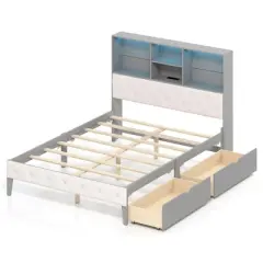 Costway Full Size Bed Frame with Bookcase Headboard Storage Bed with LED Lights Gray