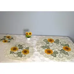 Jiallo Sunflower Embroidered Cutwork Round Placemat, 16-Inch diameter Table Linen Decor, Water Resistance, Machine Wash safe