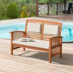 Lyndon Eucalyptus Wood 2 Seat Outdoor Bench with Cushions - Light Brown - Alaterre Furniture