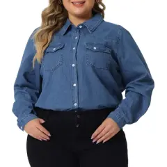 Agnes Orinda Women's Plus Size Denim Long Sleeve Button Down Jean Pockets Shirts