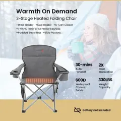 Arrowhead Outdoor Portable Heated Folding Camping Chair w/ 6-Can Cooler, 3 Heat Settings, Supports up to 330lbs (Granite Grey)