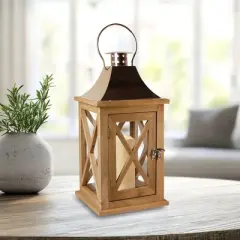 LumaBase Wooden Lantern with Battery Operated Candle - Natural with Copper Roof