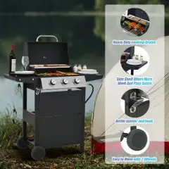 ELJGET 3 Burner BBQ Propane Gas Grill, Stainless Steel 25650 BTU Patio Garden Barbecue Grill with Thermometer, Black