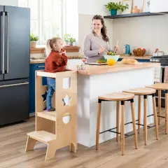 Guidecraft Jr. Classic Kitchen Helper Step-Up - Natural: Wooden Montessori Toddler Tower, Adjustable Height Bathroom Stool for Kids
