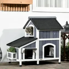 SKYONE Two-Story Outdoor Cat Shelter with Asphalt Roof, Elevated Fir Wood Enclosure, Multiple