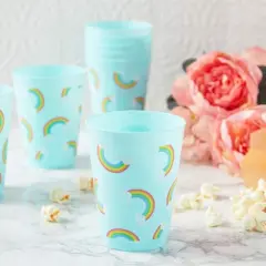 Sparkle and Bash 16 Pack Blue Plastic Tumbler Cups, Pastel Rainbow Party Supplies (16 oz)