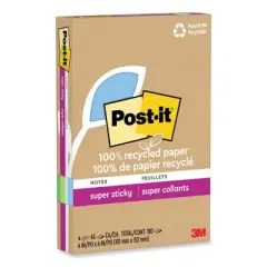 Post-it Notes Super Sticky 100% Recycled Paper Super Sticky Notes, Ruled, 4" x 6", Oasis, 45 Sheets/Pad, 4 Pads/Pack