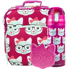 Bentology Kids Lunch Bag Set, Kitty- Includes Padded, Insulated Tote,Reusable Hard Ice Pack & Insulated Stainless Steel Water Bottle