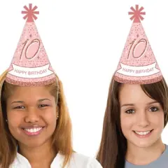 Big Dot of Happiness 10th Pink Rose Gold Birthday - Cone Happy Birthday Party Hats for Kids and Adults - Set of 8 (Standard Size)