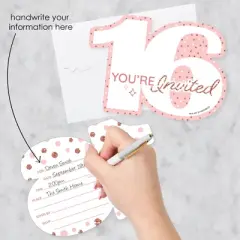 Big Dot of Happiness 16th Pink Rose Gold Birthday - Shaped Fill-In Invitations - Happy Birthday Party Invitation Cards with Envelopes - Set of 12
