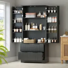 NicBex Modern Fluted High Kitchen Pantry Cabinet with Adjustable Storage & Drawers,Freestanding Cupboard Buffet Cabinet for Kitchen,Dining Room